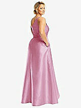 Rear View Thumbnail - Powder Pink One-Shoulder Satin Gown with Draped Front Slit and Pockets