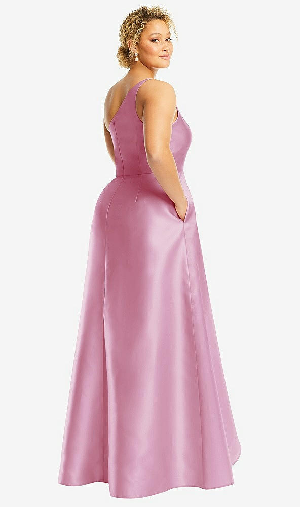 Back View - Powder Pink One-Shoulder Satin Gown with Draped Front Slit and Pockets