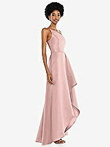 Alt View 2 Thumbnail - Rose - PANTONE Rose Quartz One-Shoulder Satin Gown with Draped Front Slit and Pockets