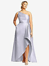 Front View Thumbnail - Silver Dove One-Shoulder Satin Gown with Draped Front Slit and Pockets
