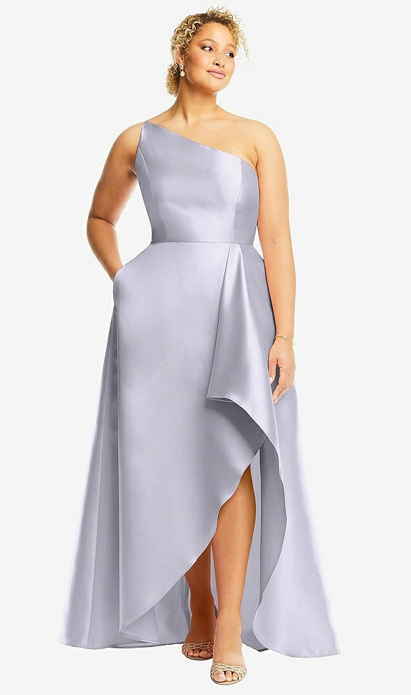 Front View - Silver Dove One-Shoulder Satin Gown with Draped Front Slit and Pockets