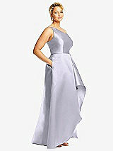 Side View Thumbnail - Silver Dove One-Shoulder Satin Gown with Draped Front Slit and Pockets