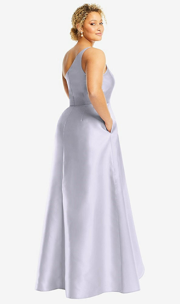Back View - Silver Dove One-Shoulder Satin Gown with Draped Front Slit and Pockets
