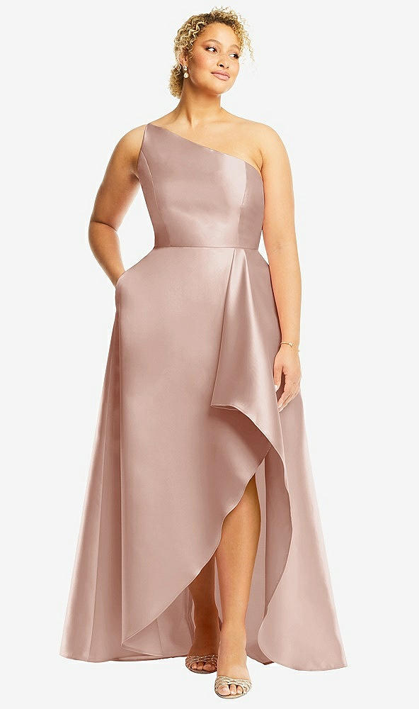 Front View - Toasted Sugar One-Shoulder Satin Gown with Draped Front Slit and Pockets