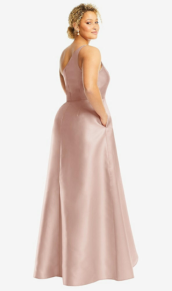 Back View - Toasted Sugar One-Shoulder Satin Gown with Draped Front Slit and Pockets