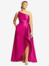 Front View Thumbnail - Think Pink One-Shoulder Satin Gown with Draped Front Slit and Pockets