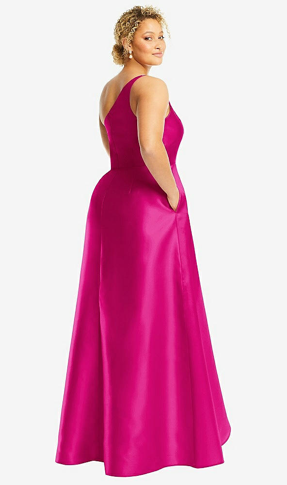 Back View - Think Pink One-Shoulder Satin Gown with Draped Front Slit and Pockets