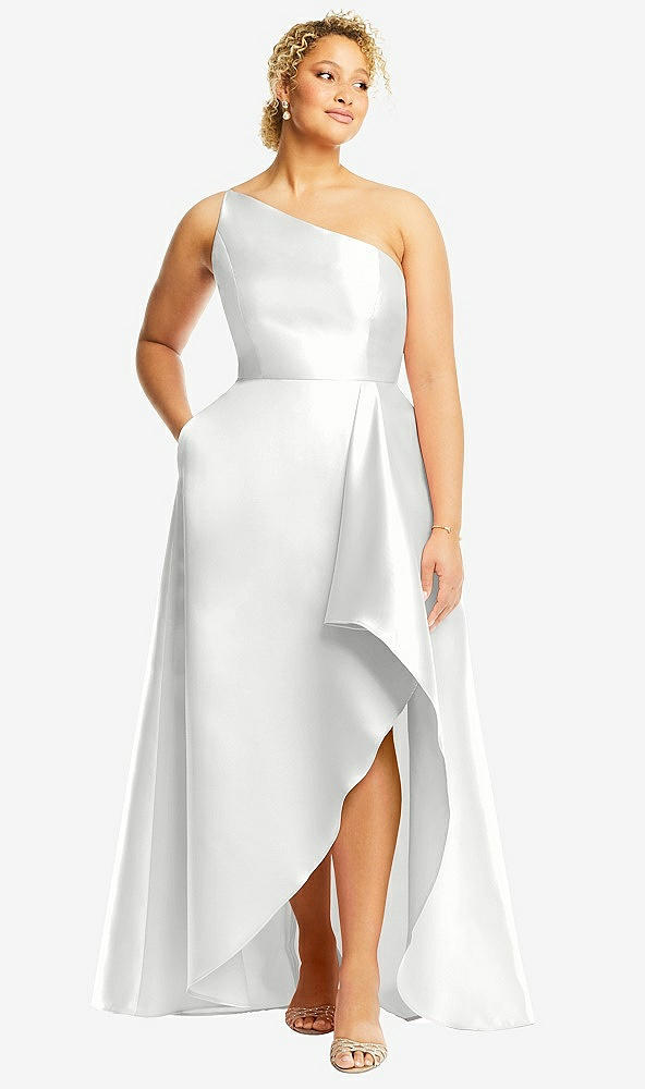 Front View - White One-Shoulder Satin Gown with Draped Front Slit and Pockets
