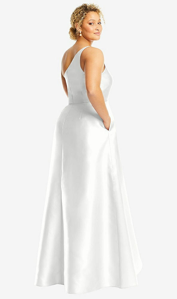 Back View - White One-Shoulder Satin Gown with Draped Front Slit and Pockets