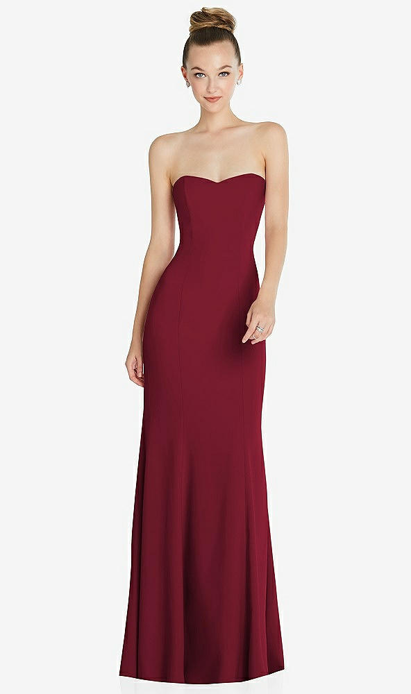Front View - Burgundy Strapless Princess Line Crepe Mermaid Gown