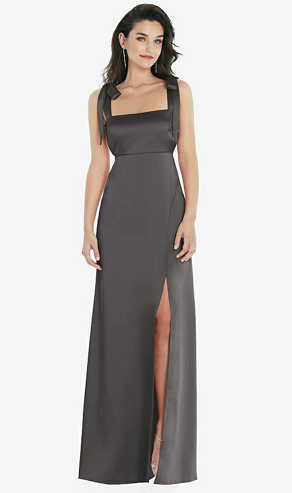 Front View - Caviar Gray Flat Tie-Shoulder Empire Waist Maxi Dress with Front Slit