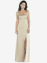 Front View Thumbnail - Champagne Flat Tie-Shoulder Empire Waist Maxi Dress with Front Slit