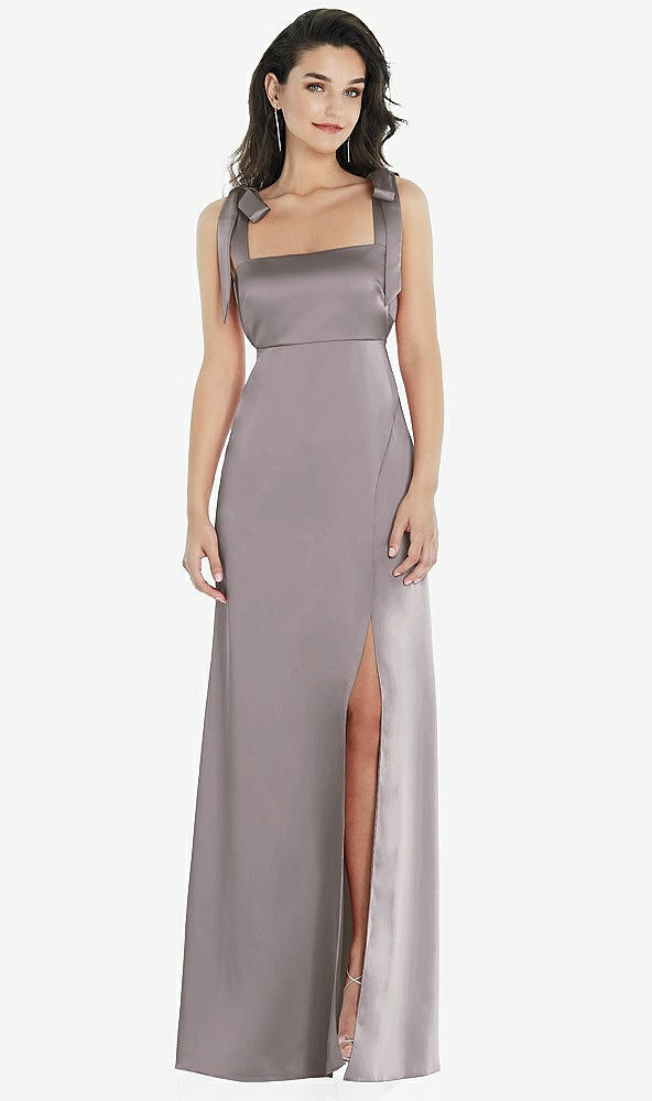 Front View - Cashmere Gray Flat Tie-Shoulder Empire Waist Maxi Dress with Front Slit
