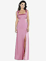 Front View Thumbnail - Powder Pink Flat Tie-Shoulder Empire Waist Maxi Dress with Front Slit