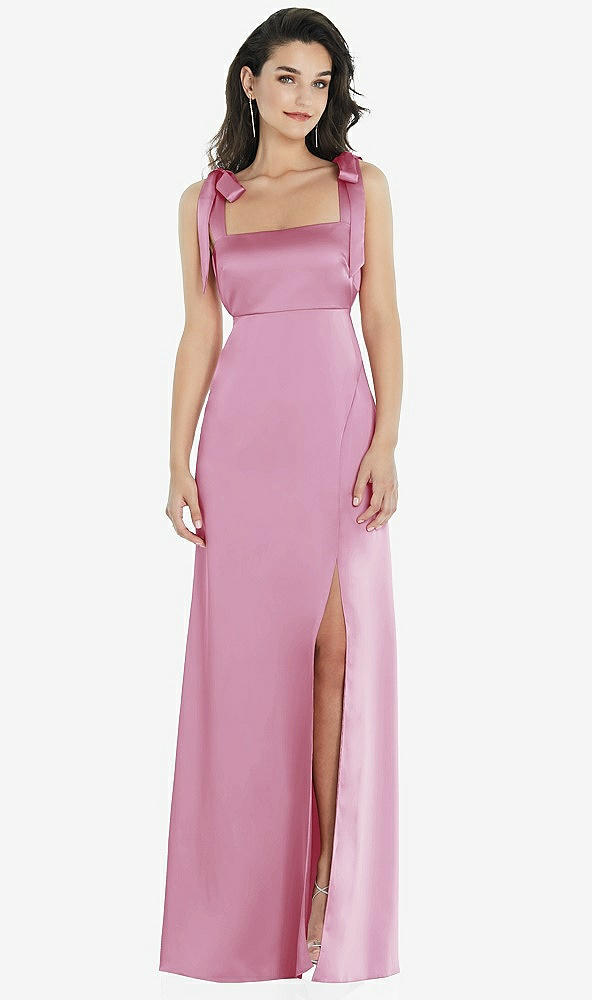 Front View - Powder Pink Flat Tie-Shoulder Empire Waist Maxi Dress with Front Slit