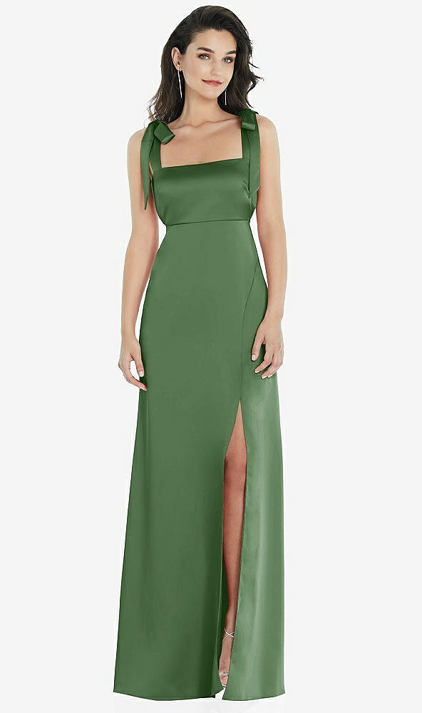 Front View - Vineyard Green Flat Tie-Shoulder Empire Waist Maxi Dress with Front Slit