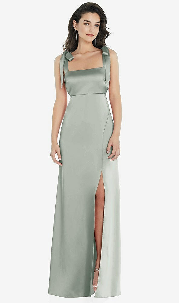 Front View - Willow Green Flat Tie-Shoulder Empire Waist Maxi Dress with Front Slit