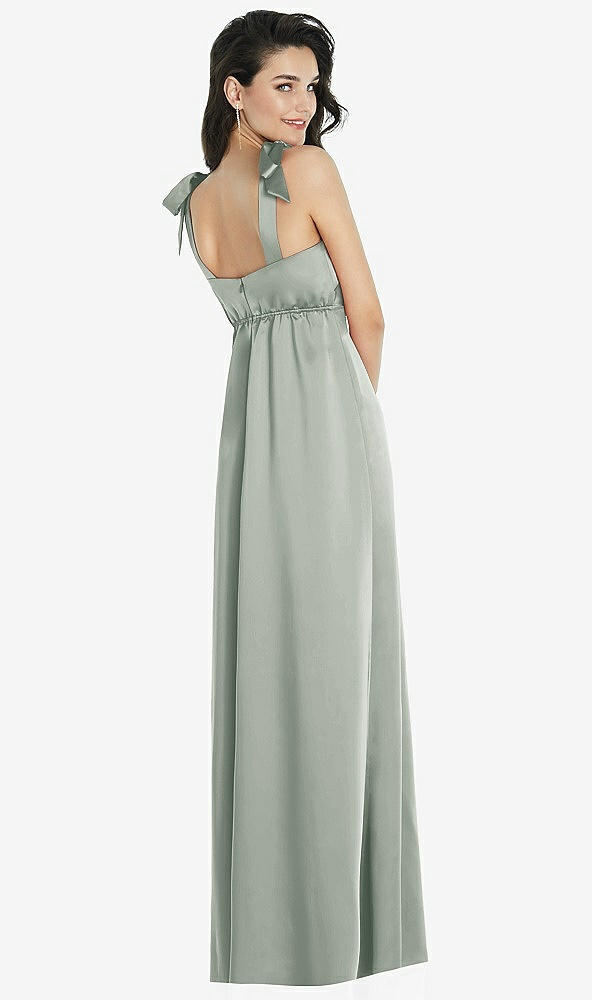 Back View - Willow Green Flat Tie-Shoulder Empire Waist Maxi Dress with Front Slit
