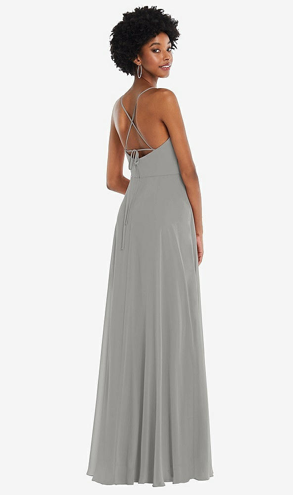 Back View - Chelsea Gray Scoop Neck Convertible Tie-Strap Maxi Dress with Front Slit