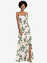 Front View Thumbnail - Palm Beach Print Scoop Neck Convertible Tie-Strap Maxi Dress with Front Slit
