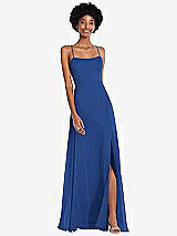 Front View Thumbnail - Classic Blue Scoop Neck Convertible Tie-Strap Maxi Dress with Front Slit
