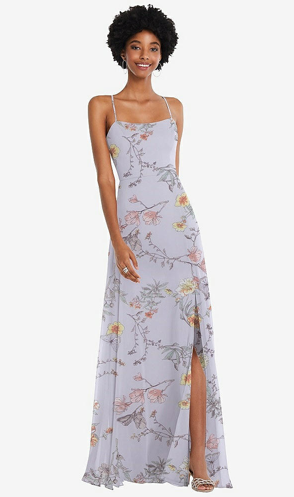 Front View - Butterfly Botanica Silver Dove Scoop Neck Convertible Tie-Strap Maxi Dress with Front Slit