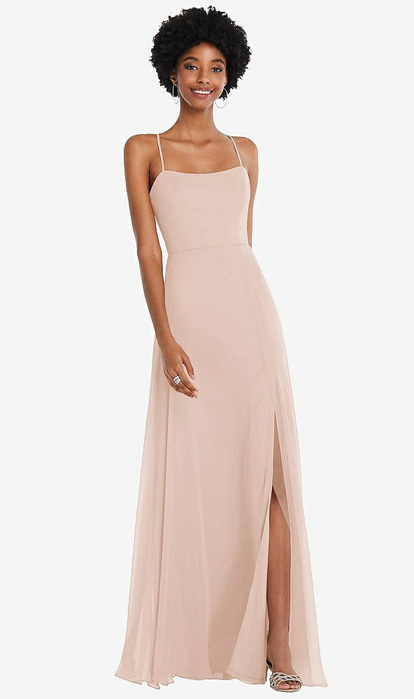 Front View - Cameo Scoop Neck Convertible Tie-Strap Maxi Dress with Front Slit
