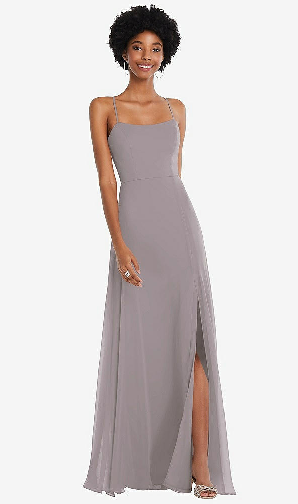Front View - Cashmere Gray Scoop Neck Convertible Tie-Strap Maxi Dress with Front Slit