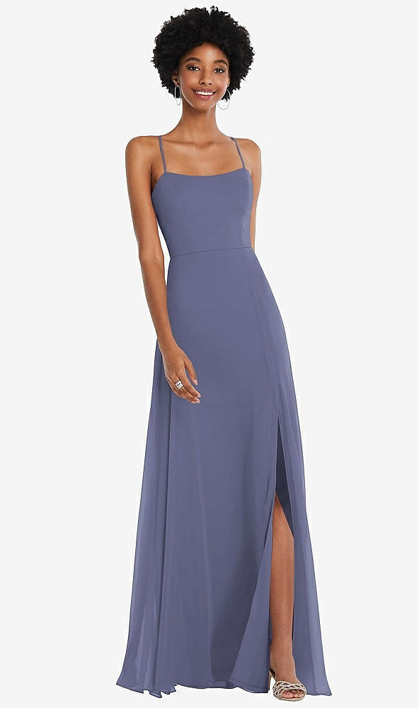 Front View - French Blue Scoop Neck Convertible Tie-Strap Maxi Dress with Front Slit