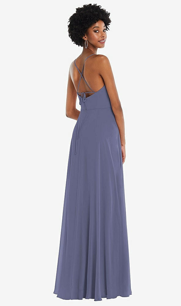 Back View - French Blue Scoop Neck Convertible Tie-Strap Maxi Dress with Front Slit
