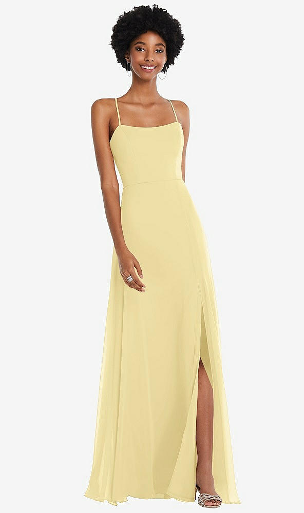 Front View - Pale Yellow Scoop Neck Convertible Tie-Strap Maxi Dress with Front Slit
