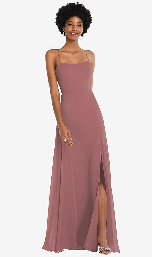 Front View - Rosewood Scoop Neck Convertible Tie-Strap Maxi Dress with Front Slit