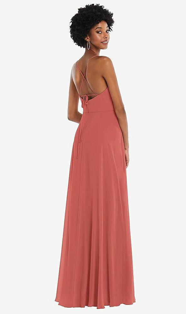 Back View - Coral Pink Scoop Neck Convertible Tie-Strap Maxi Dress with Front Slit