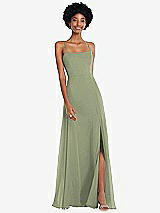 Front View Thumbnail - Sage Scoop Neck Convertible Tie-Strap Maxi Dress with Front Slit