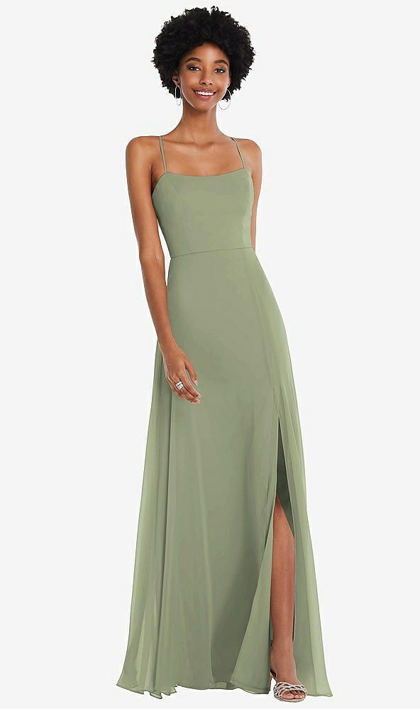 Front View - Sage Scoop Neck Convertible Tie-Strap Maxi Dress with Front Slit