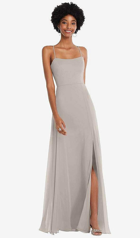 Front View - Taupe Scoop Neck Convertible Tie-Strap Maxi Dress with Front Slit