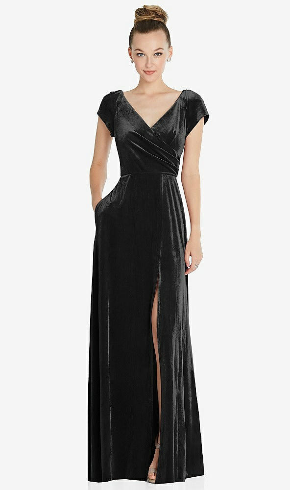 Front View - Black Cap Sleeve Faux Wrap Velvet Maxi Dress with Pockets