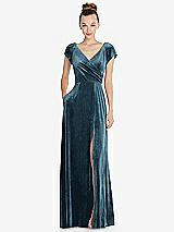 Front View Thumbnail - Dutch Blue Cap Sleeve Faux Wrap Velvet Maxi Dress with Pockets