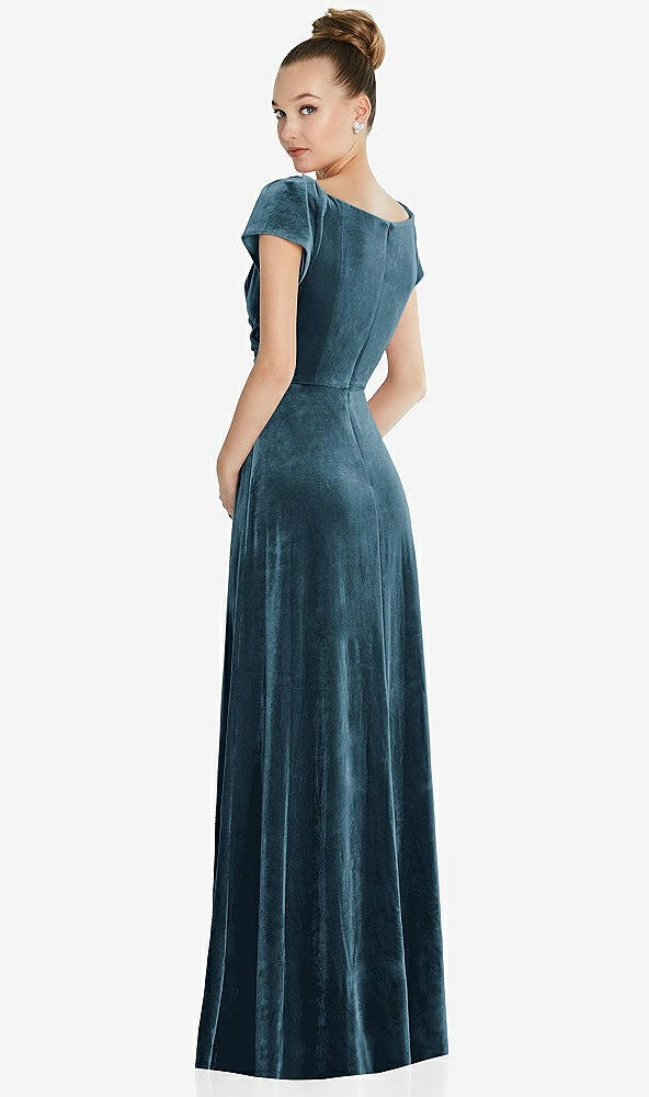 Back View - Dutch Blue Cap Sleeve Faux Wrap Velvet Maxi Dress with Pockets