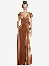 Front View Thumbnail - Golden Almond Cap Sleeve Faux Wrap Velvet Maxi Dress with Pockets