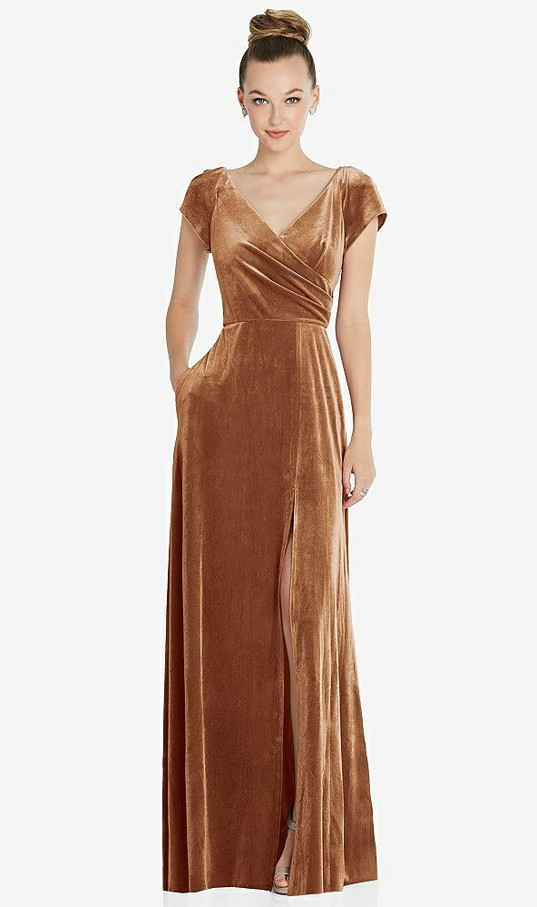 Front View - Golden Almond Cap Sleeve Faux Wrap Velvet Maxi Dress with Pockets