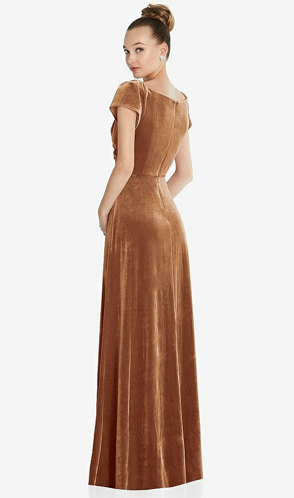 Back View - Golden Almond Cap Sleeve Faux Wrap Velvet Maxi Dress with Pockets