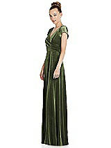 Side View Thumbnail - Olive Green Cap Sleeve Faux Wrap Velvet Maxi Dress with Pockets