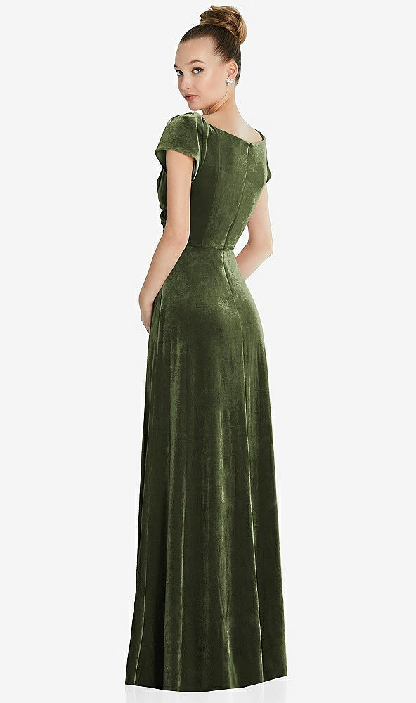Back View - Olive Green Cap Sleeve Faux Wrap Velvet Maxi Dress with Pockets