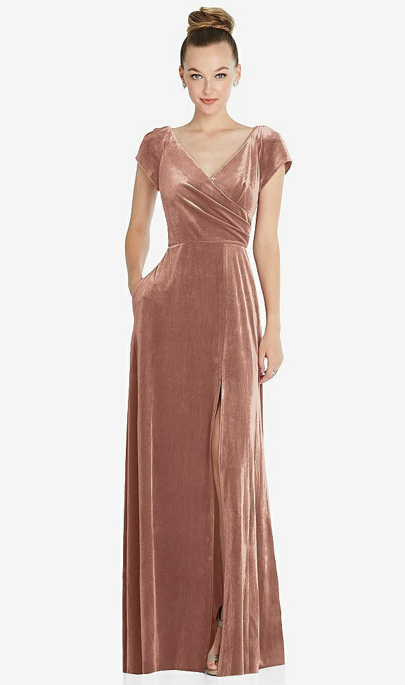 Front View - Tawny Rose Cap Sleeve Faux Wrap Velvet Maxi Dress with Pockets