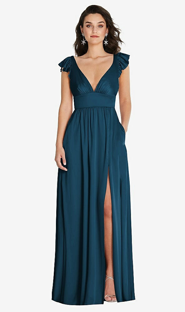 Front View - Atlantic Blue Deep V-Neck Ruffle Cap Sleeve Maxi Dress with Convertible Straps