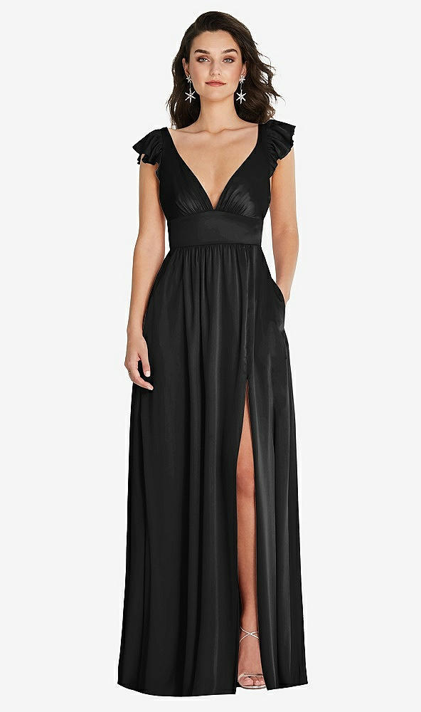 Front View - Black Deep V-Neck Ruffle Cap Sleeve Maxi Dress with Convertible Straps