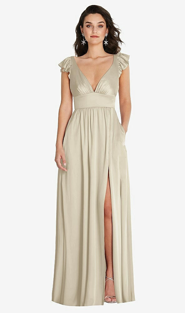 Front View - Champagne Deep V-Neck Ruffle Cap Sleeve Maxi Dress with Convertible Straps