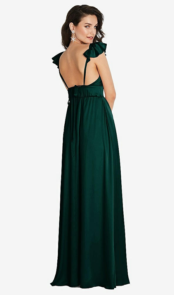 Back View - Evergreen Deep V-Neck Ruffle Cap Sleeve Maxi Dress with Convertible Straps