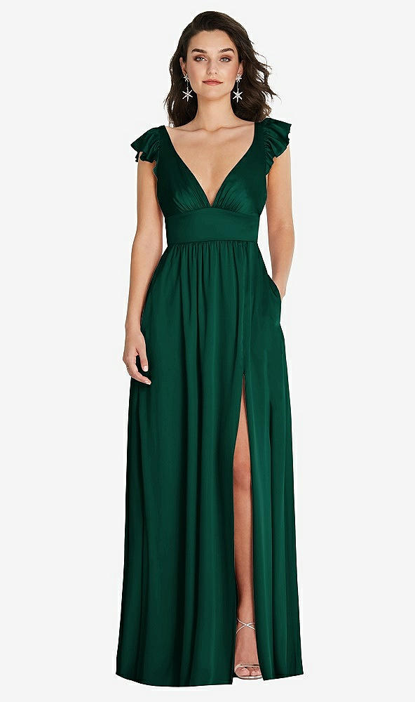Front View - Hunter Green Deep V-Neck Ruffle Cap Sleeve Maxi Dress with Convertible Straps